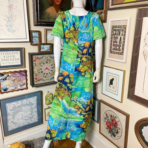 70s Vintage Tropicana Blue and Green Lightweight Polyester Hawaiian MuuMuu S - Picture 3 of 6